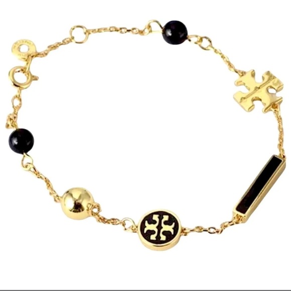 Tory Burch Gold Black Double T Logo Bracelet - Picture 1 of 9